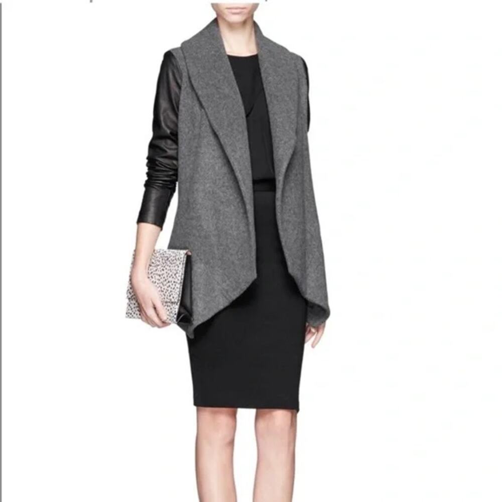 Theory Gray Draped Wool-Blend Vest with Black Leather Sleeves